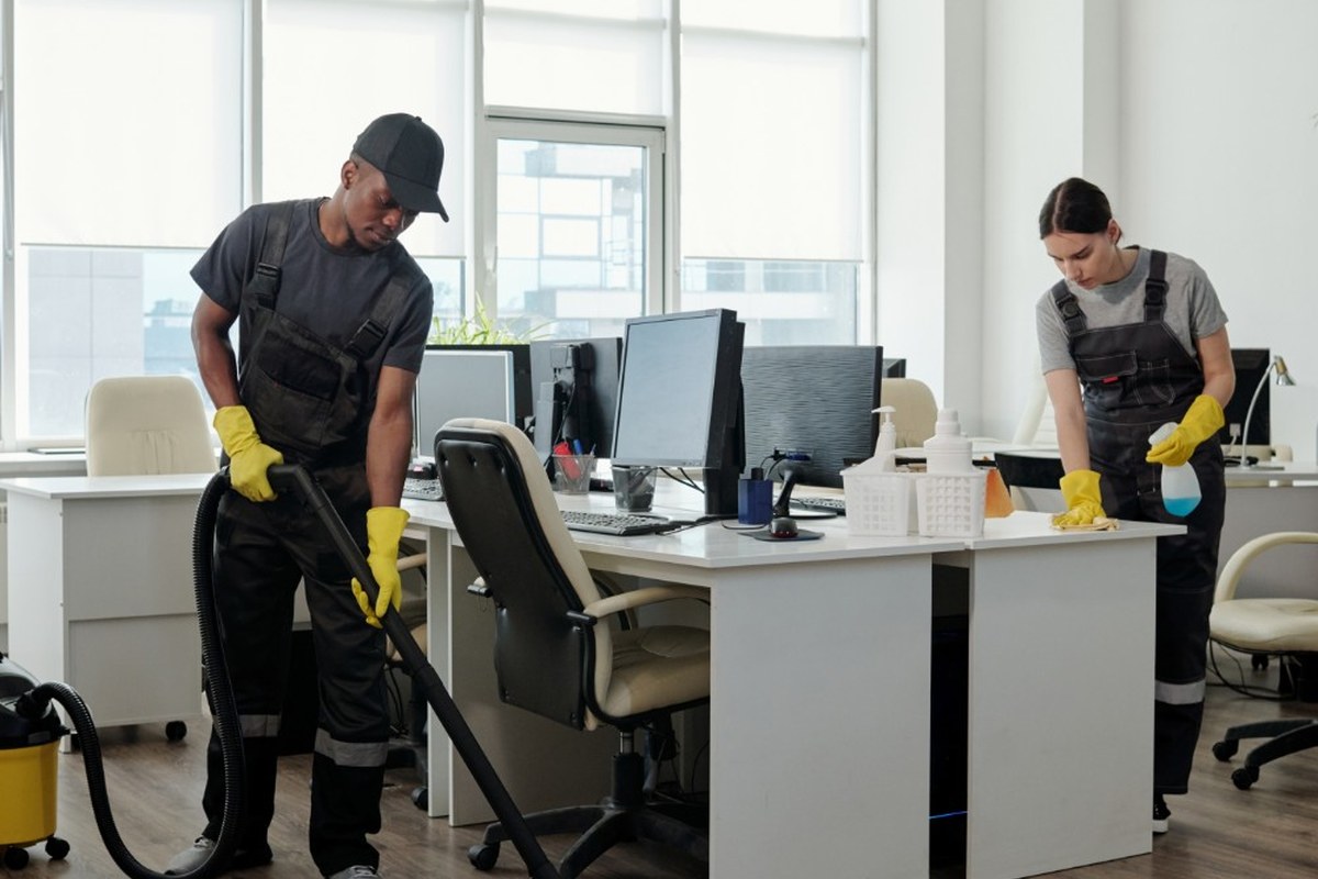 Professional office cleaners maintaining a bright commercial space in Edmonton Alberta